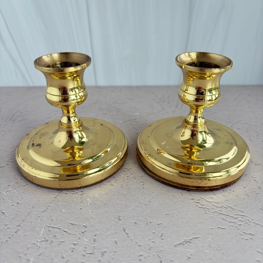 Baldwin Brass Candlestick Holders Set of 2 Short Polished Gold Taper Holders USA